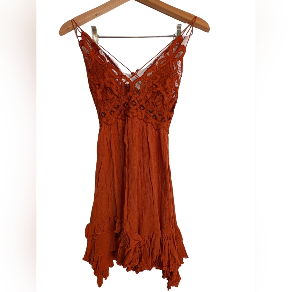 Intimately Free People Adella Ochre Dress. Asymmetrical Hem. Lace Detailing - Picture 2 of 15